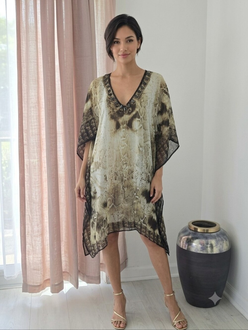 NWOT VENUS O/S Beaded Snakeskin Print Beach Cover-Up Kaftan